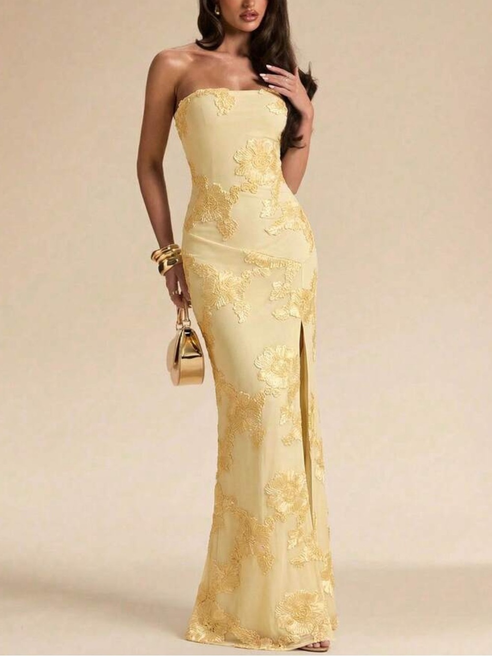 Strapless Yellow Lace Evening Gown
